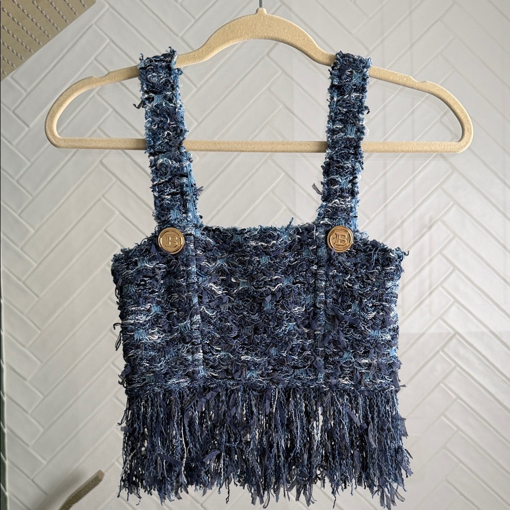 Balmain Textured Navy Tweed Fringe Top